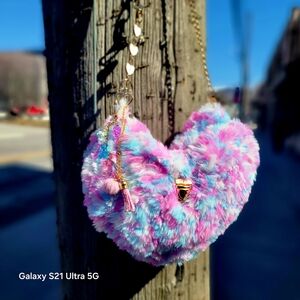Heart-Shaped Fluffy Bag in Pink and Blue CROCHETED HANDMADE.